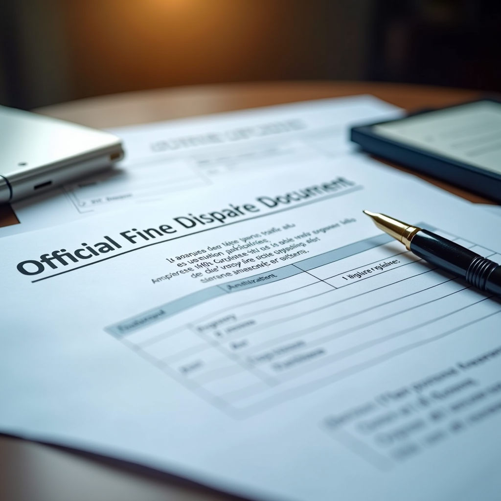 Document officiel de contestation d'amende posé sur un bureau avec le code de la route français, stylo et formulaire administratif, éclairage professionnel, ambiance juridique