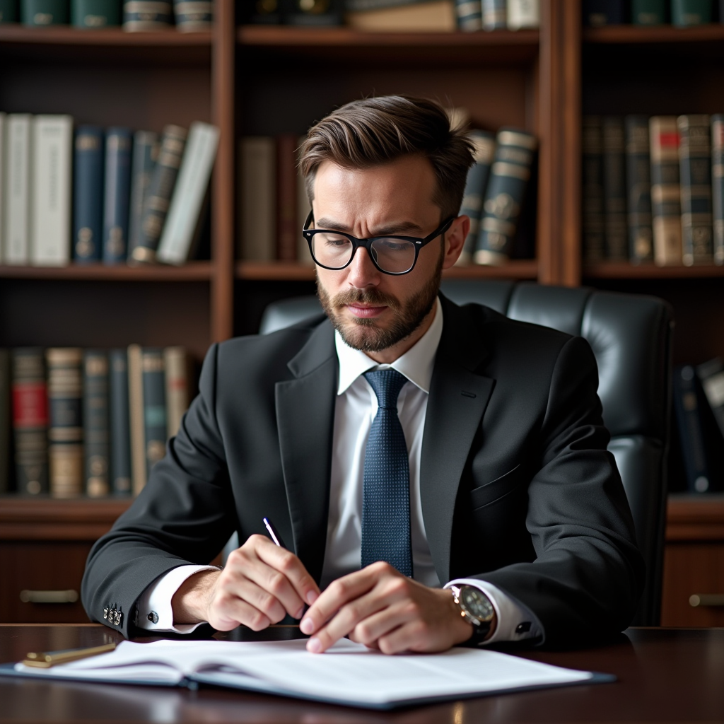 Avocat spécialisé en droit routier consultant un dossier de contravention dans un bureau professionnel avec des livres de droit en arrière-plan