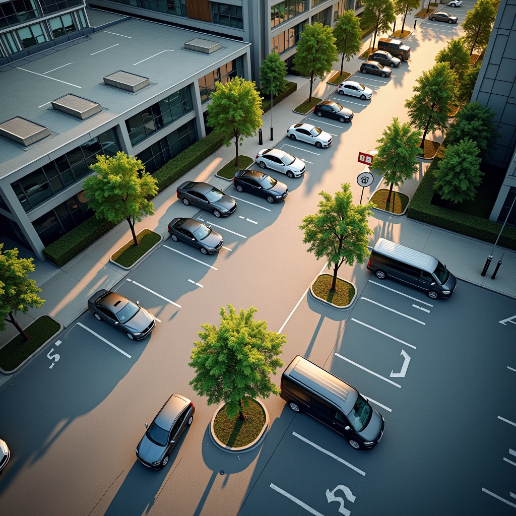 Vue aérienne d'une zone de stationnement urbain moderne avec marquages au sol clairs, panneaux de signalisation et véhicules garés dans une grande ville française, éclairage naturel