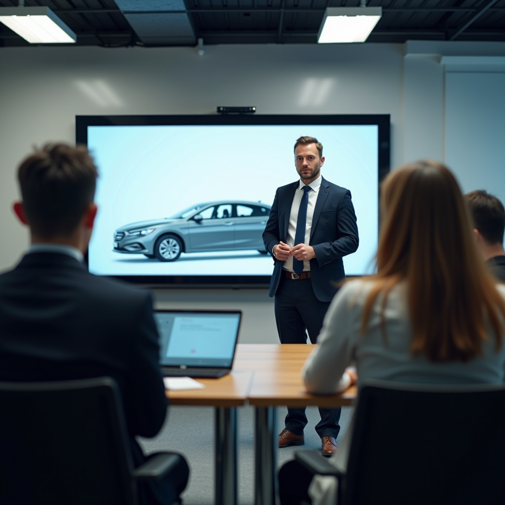 Salle de formation pour stage de sensibilisation à la sécurité routière avec des participants attentifs et un formateur professionnel